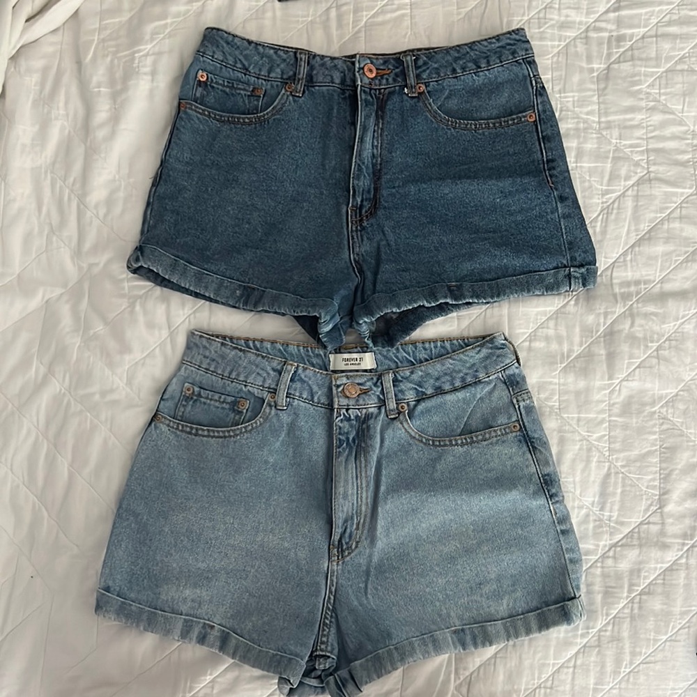 Denim high waisted dark and light wash shorts.